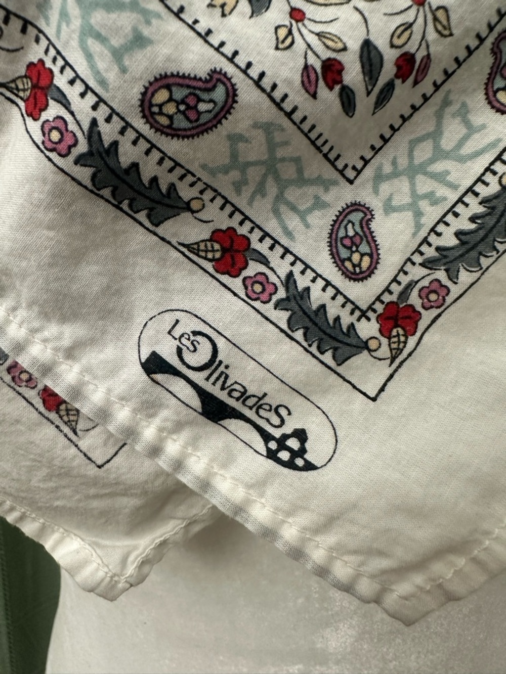 Les Olivades Floral Paisley Bandana Scarf - Ivory with rasberry and green colors - Picture 2 of 5